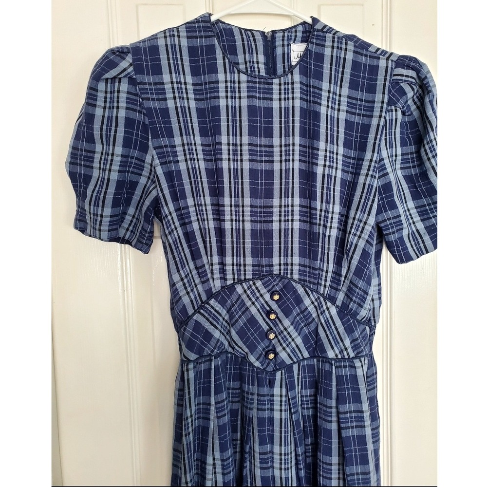 Miss Dorby Plaid Midi Dress Blue Smocked Waist Vintage 90s Cottagecore 6P - Picture 3 of 8
